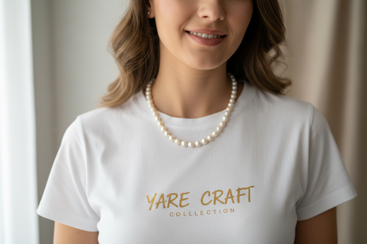 Beautiful woman wearing lake pearl necklace and Yare Craft Collection t-shirt