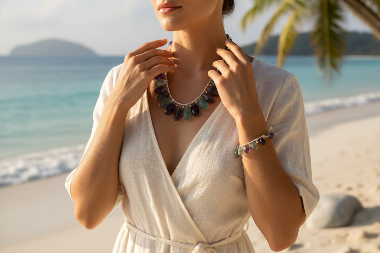Fluorite jewelry beach lifestyle