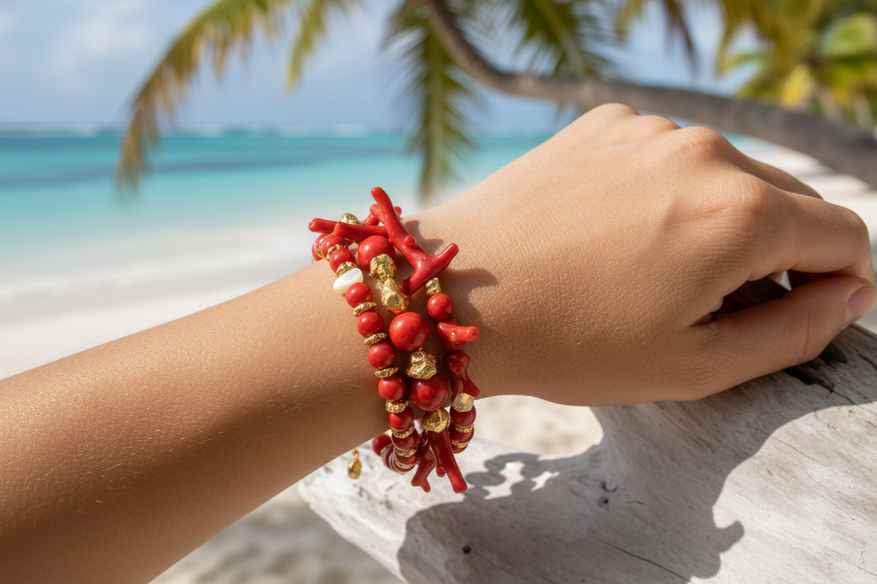 Red coral bracelet beach lifestyle